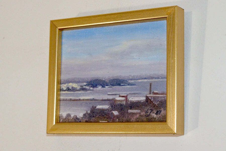 "Mid Century Original Swedish Oil On Canvas "Sea View Oskarshamn C1" – Lj, 87 – Vintage & Framed, 18 X 15 Cm / 7.1 X 5.9 In photo for sale