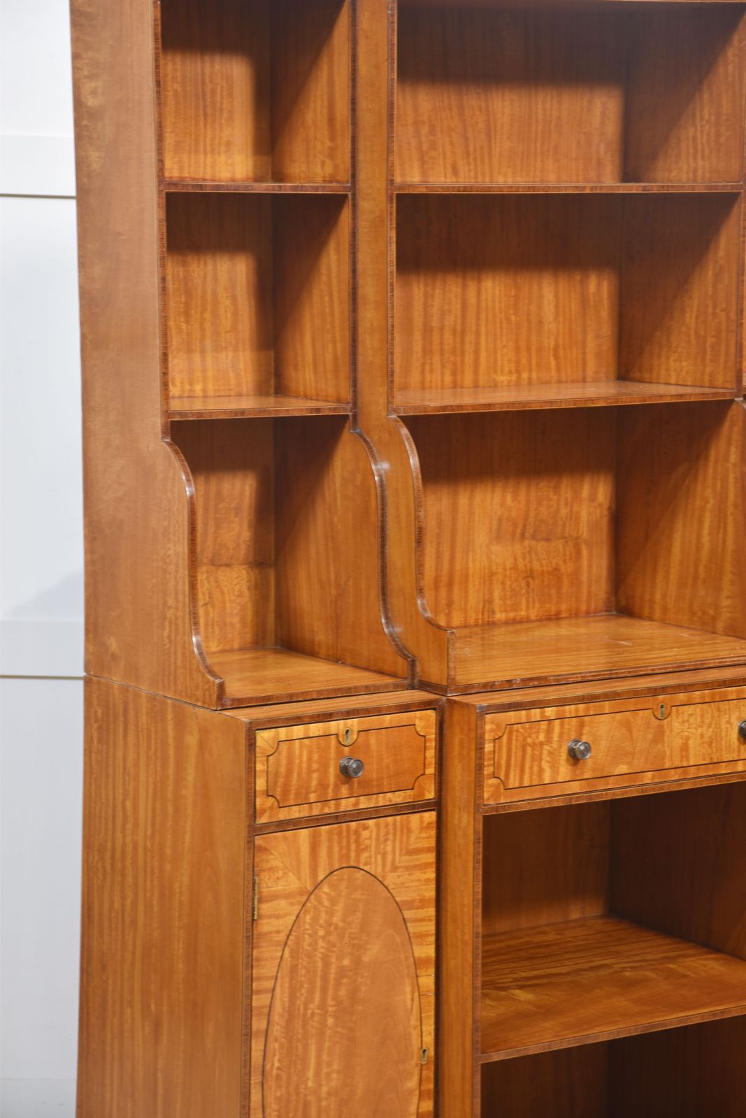 photo buy Pair Of Satinwood Crossbanded Open Breakfront Waterfall Bookcases