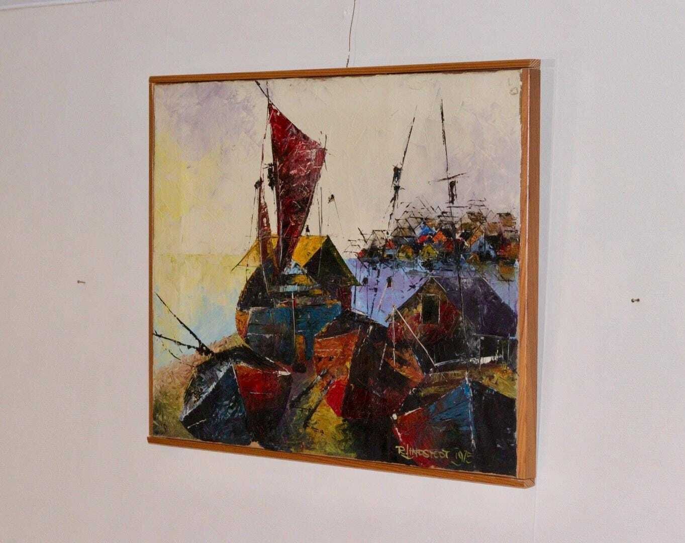 Mid Century Original Swedish Oil On Canvas "Boats And Houses" – R. Lindstedt – Vintage & Framed, 43 X 53 Cm / 16.9 X 20.9 In