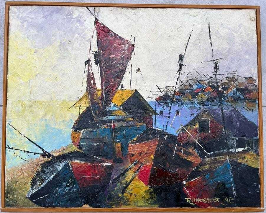 Mid Century Original Swedish Oil On Canvas "Boats And Houses" – R. Lindstedt – Vintage & Framed, 43 X 53 Cm / 16.9 X 20.9 In photo for sale