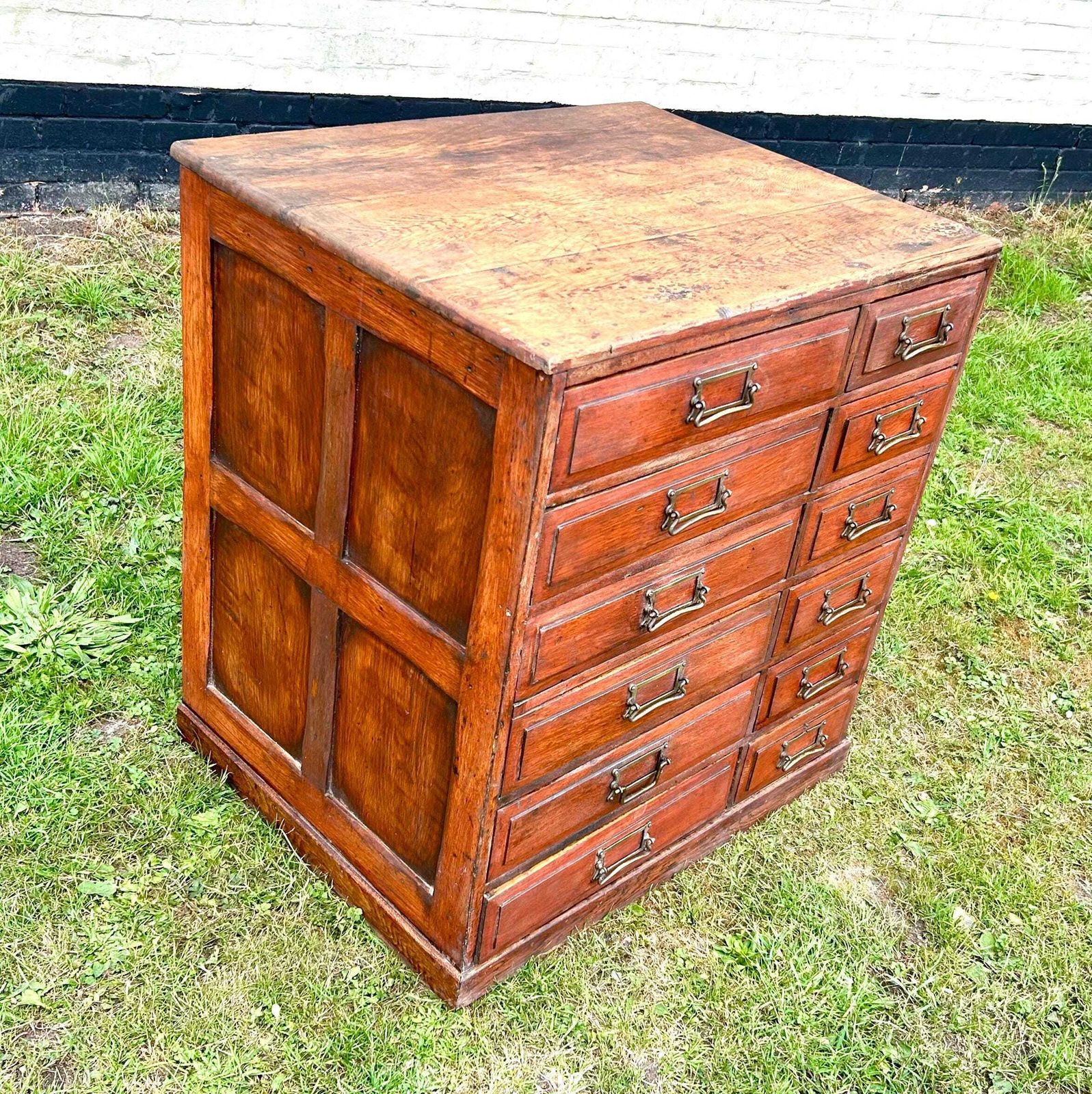 1900s 12 Drawer Gothic Oak Filing Cabinet Bedside Wooden Desk Industrial Antique Vintage Haberdashery Library Office Victorian photo for sale