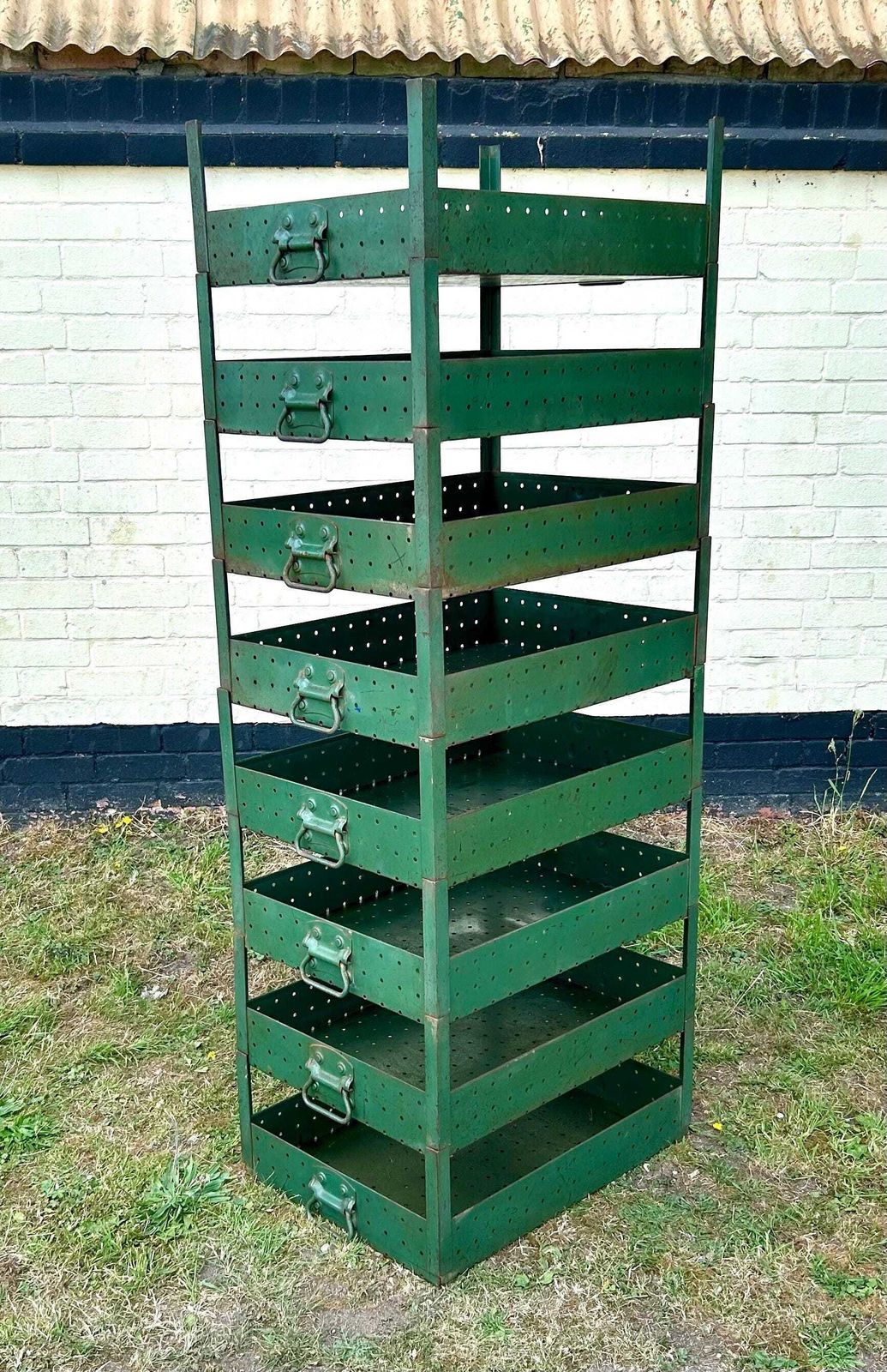 1940s Green Steel 8 Tier Trays Drawer Industrial Cabinet Box Desk Metal Kitchen Chest Of Garage Antique Vintage Unit Shelves photo furniture