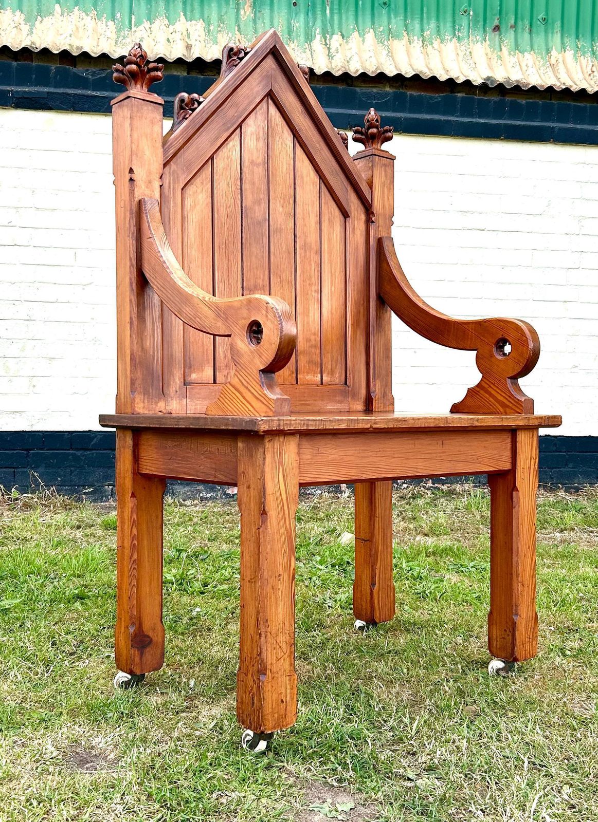 Large Pitch Pine Gothic Antique Chapel Church Chairs Vintage Altar Industrial Retro Kitchen Dining Old Wooden Wedding Armchair