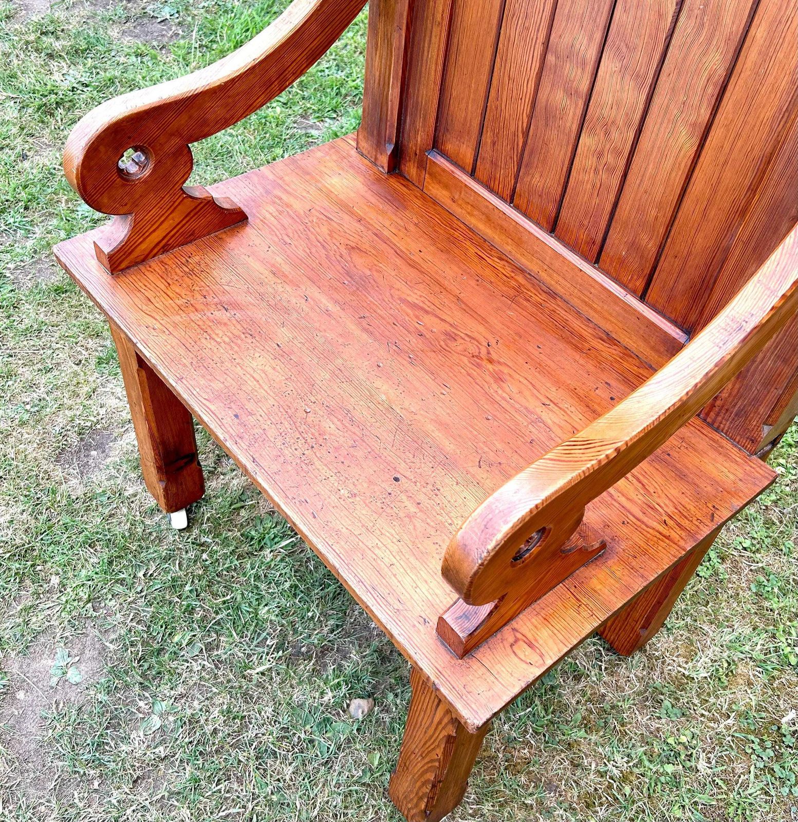 Large Pitch Pine Gothic Antique Chapel Church Chairs Vintage Altar Industrial Retro Kitchen Dining Old Wooden Wedding Armchair photo vintage