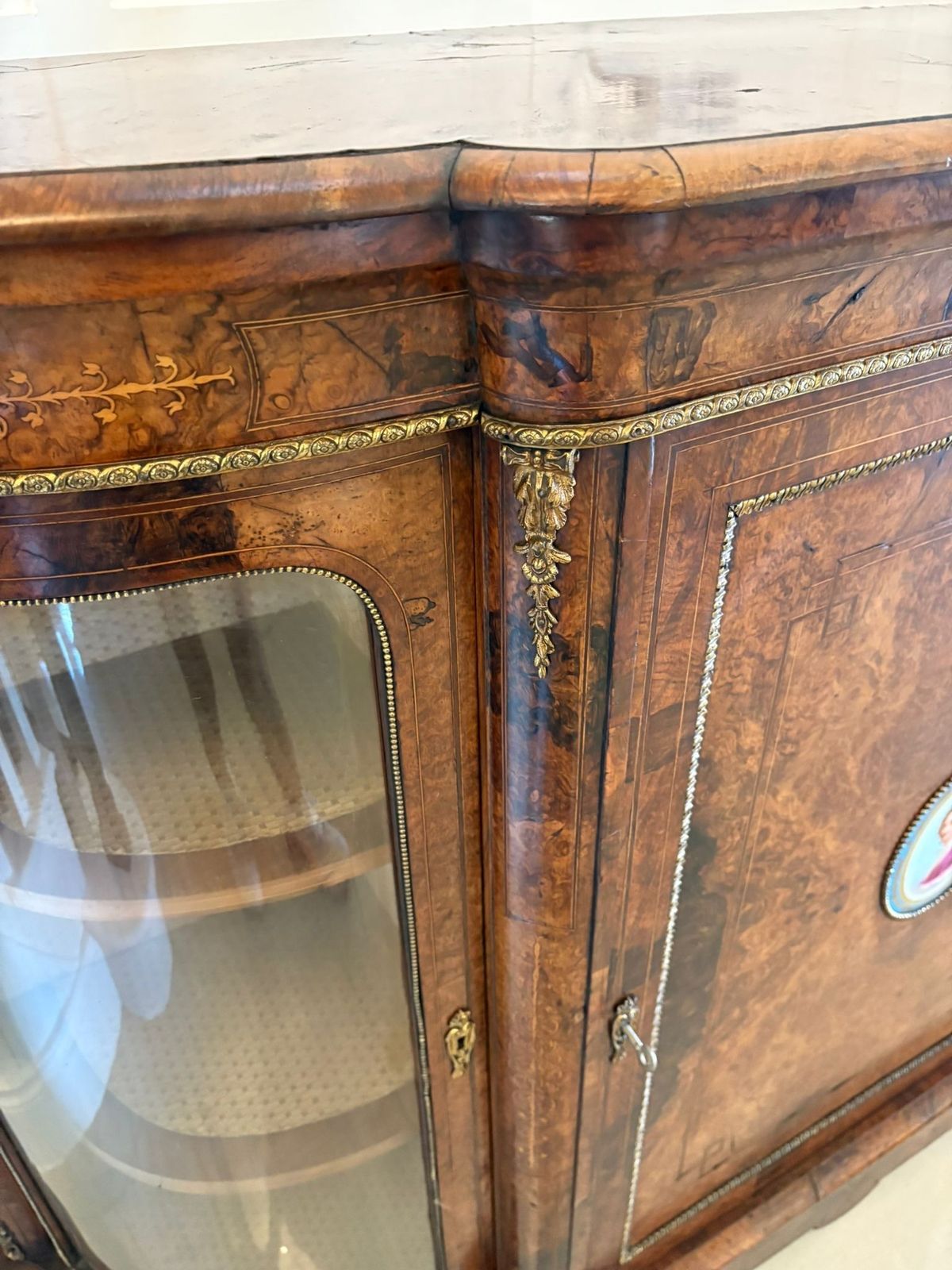 Outstanding Quality Antique 19th Century Inlaid Burr Walnut Porcelain Mounted Credenza photo Furniture