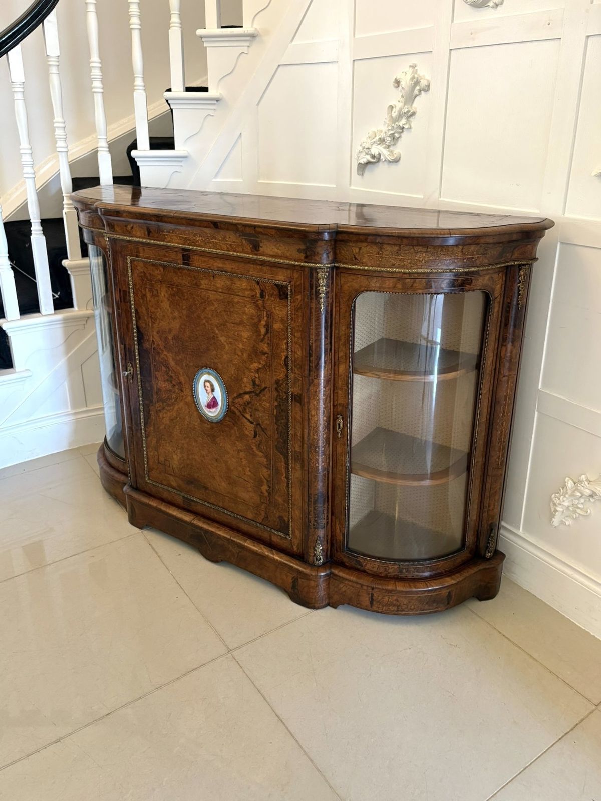 photo buy Outstanding Quality Antique 19th Century Inlaid Burr Walnut Porcelain Mounted Credenza
