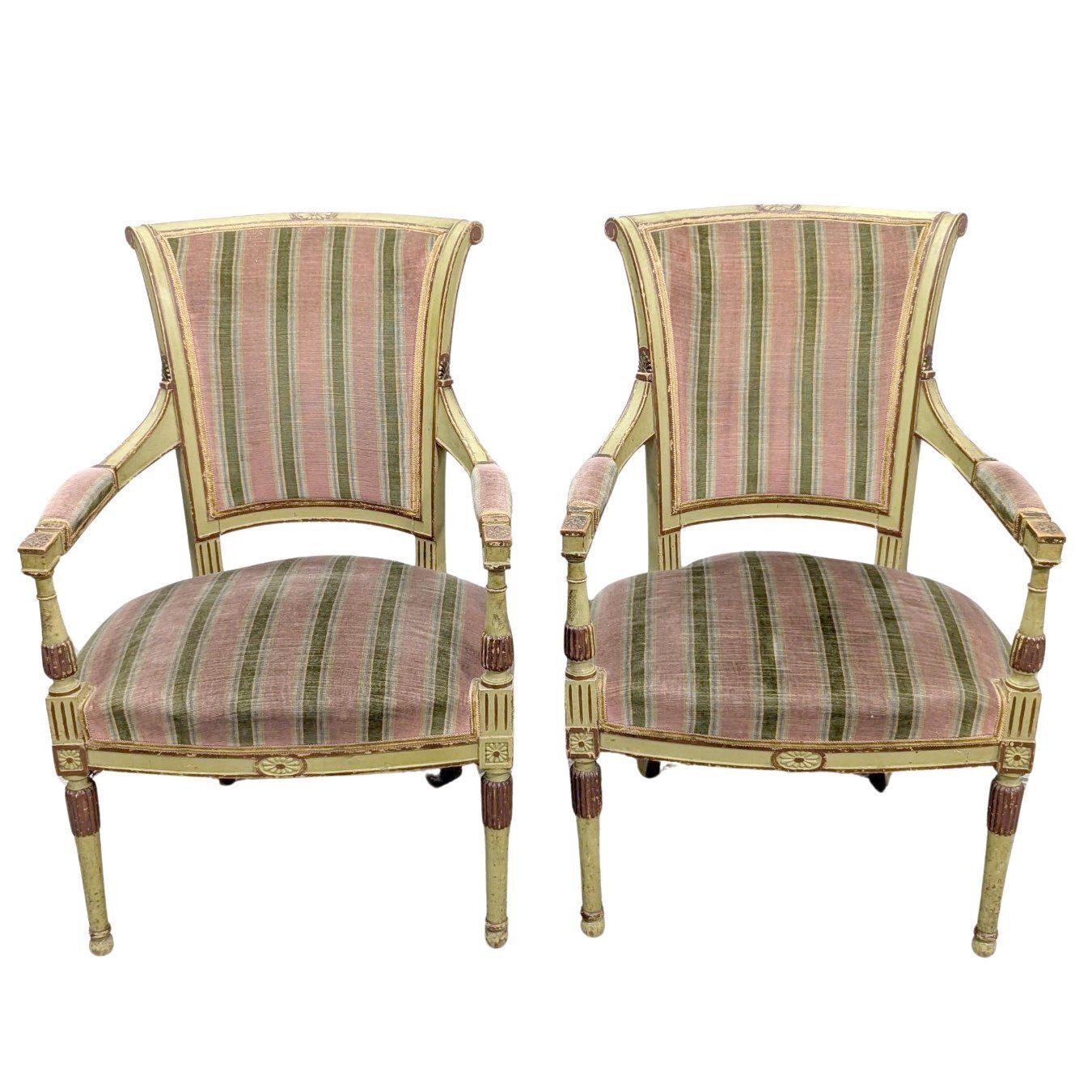 Pair Of Directoire Style Armchairs, Lacquered And Painted, With Green Velvet Tops