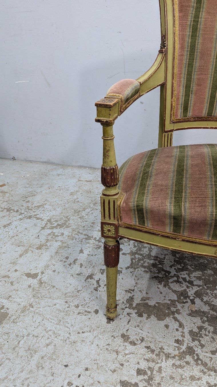 Pair Of Directoire Style Armchairs, Lacquered And Painted, With Green Velvet Tops photo 1068.0