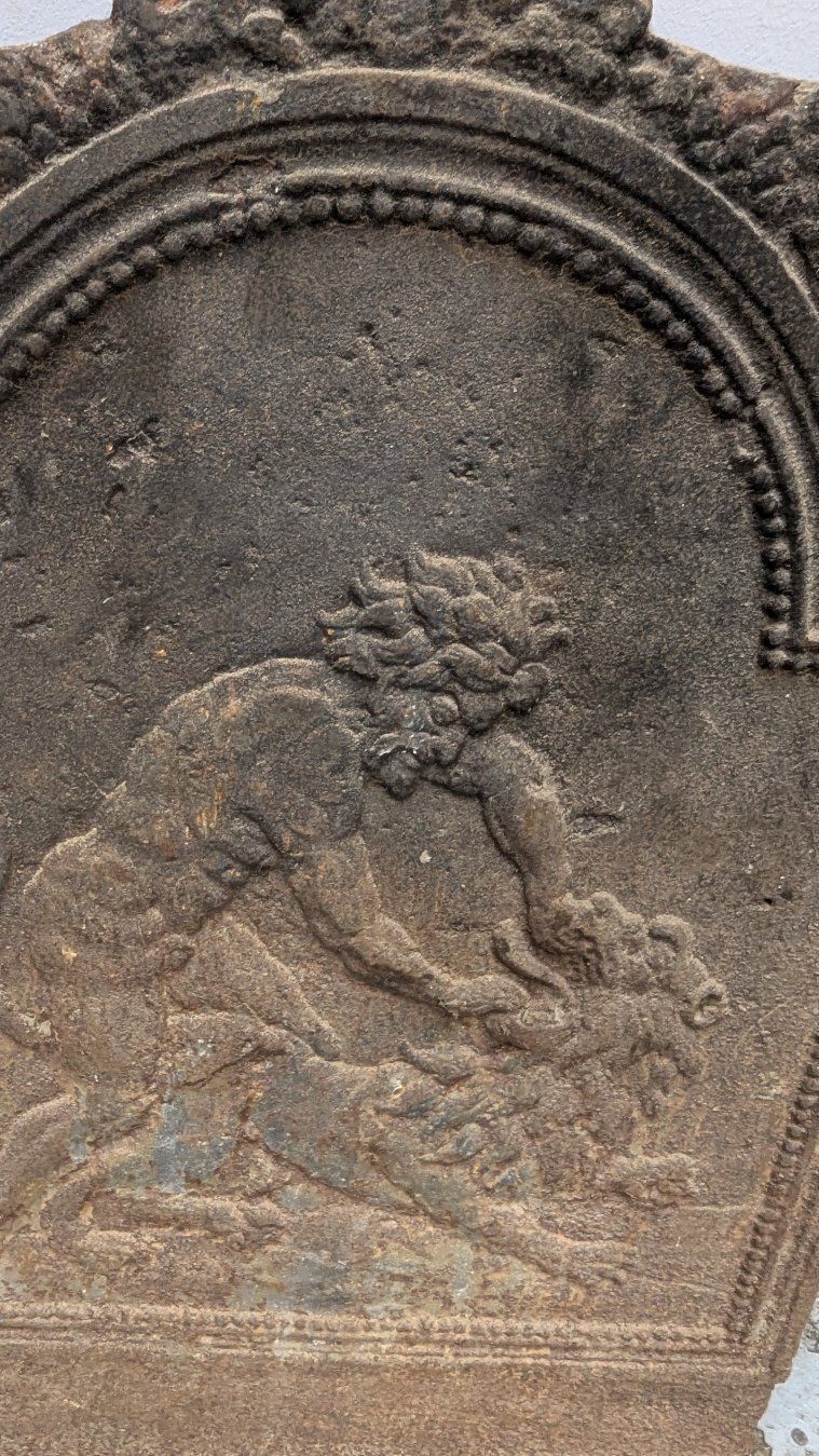19th Century Cast Iron Fireplace Plaque, Hercules And The Lion photo furniture