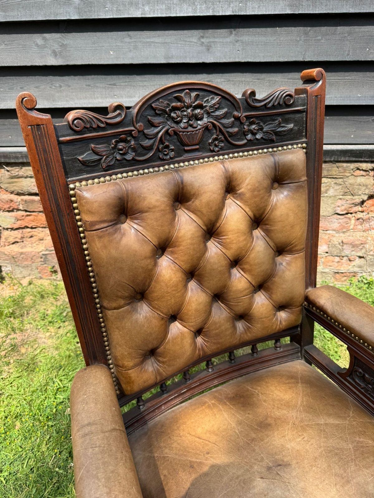 Victorian Carved Walnut & Leather Library Chair Button Back Fireside Armchair photo furniture
