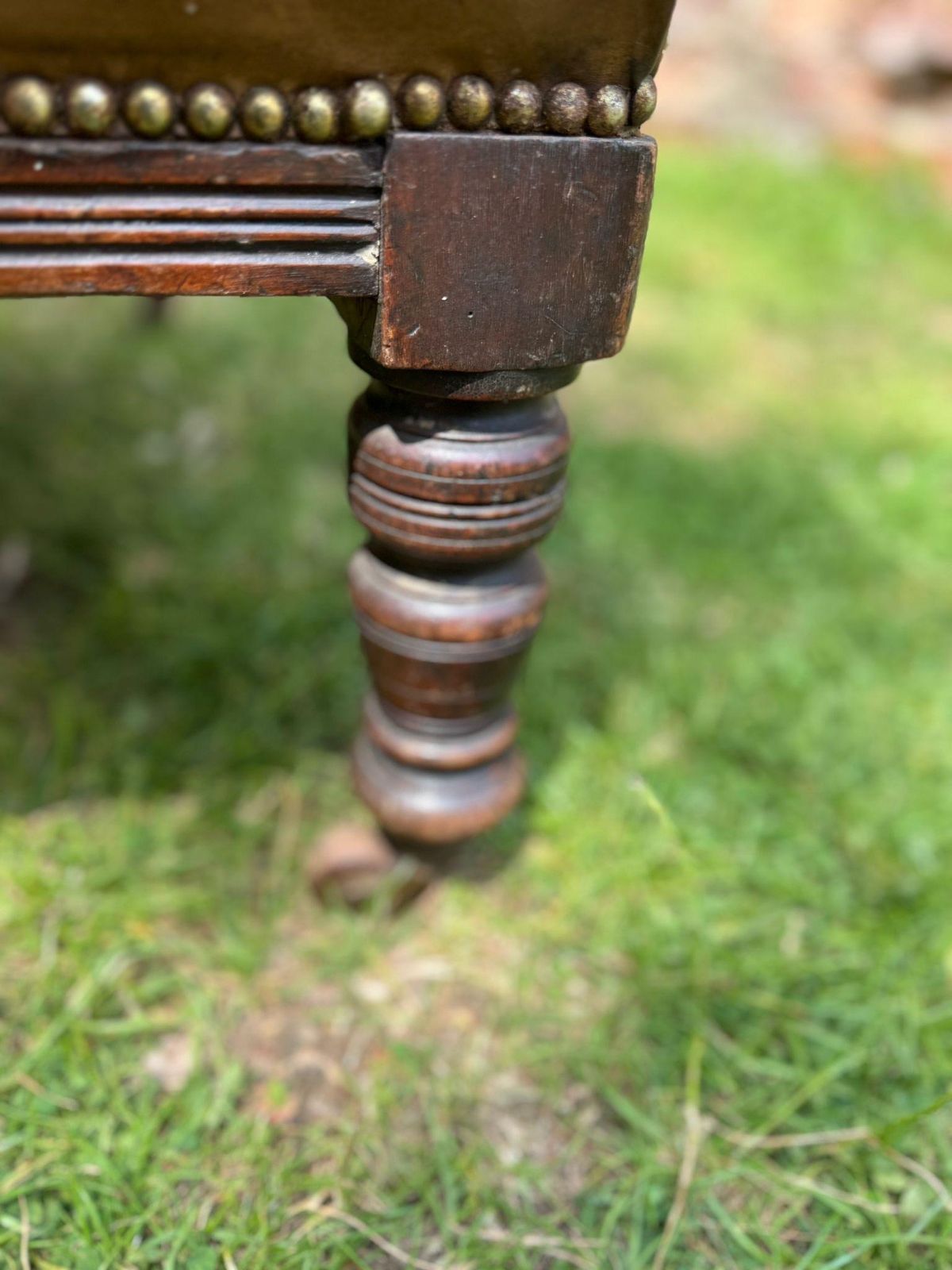 photo for sale Victorian Carved Walnut & Leather Library Chair Button Back Fireside Armchair
