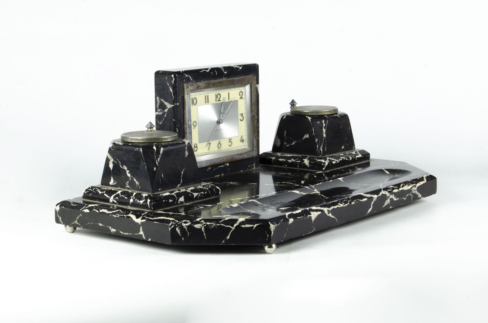 Set Of Early 20th Century Art Déco Black Marble Clock And Inkwells With Base, France photo 3600.0