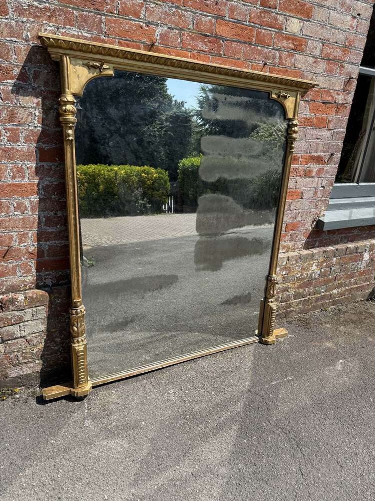 A Superb Large Antique English 19th C Carved Wood & Gesso Gilt Overmantle Mirror.