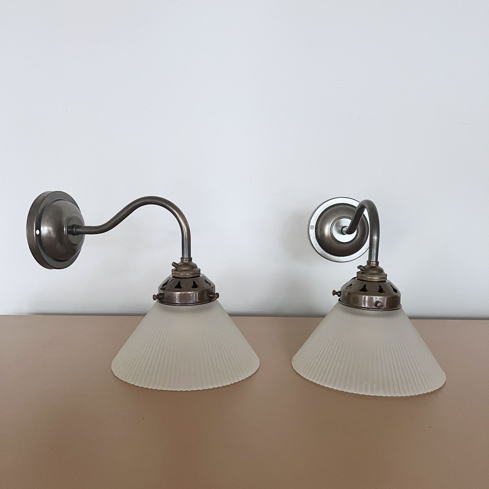 Newly Made Antique Brass Swan Neck Wall Lights With Contemporary Frosted Conical Shades