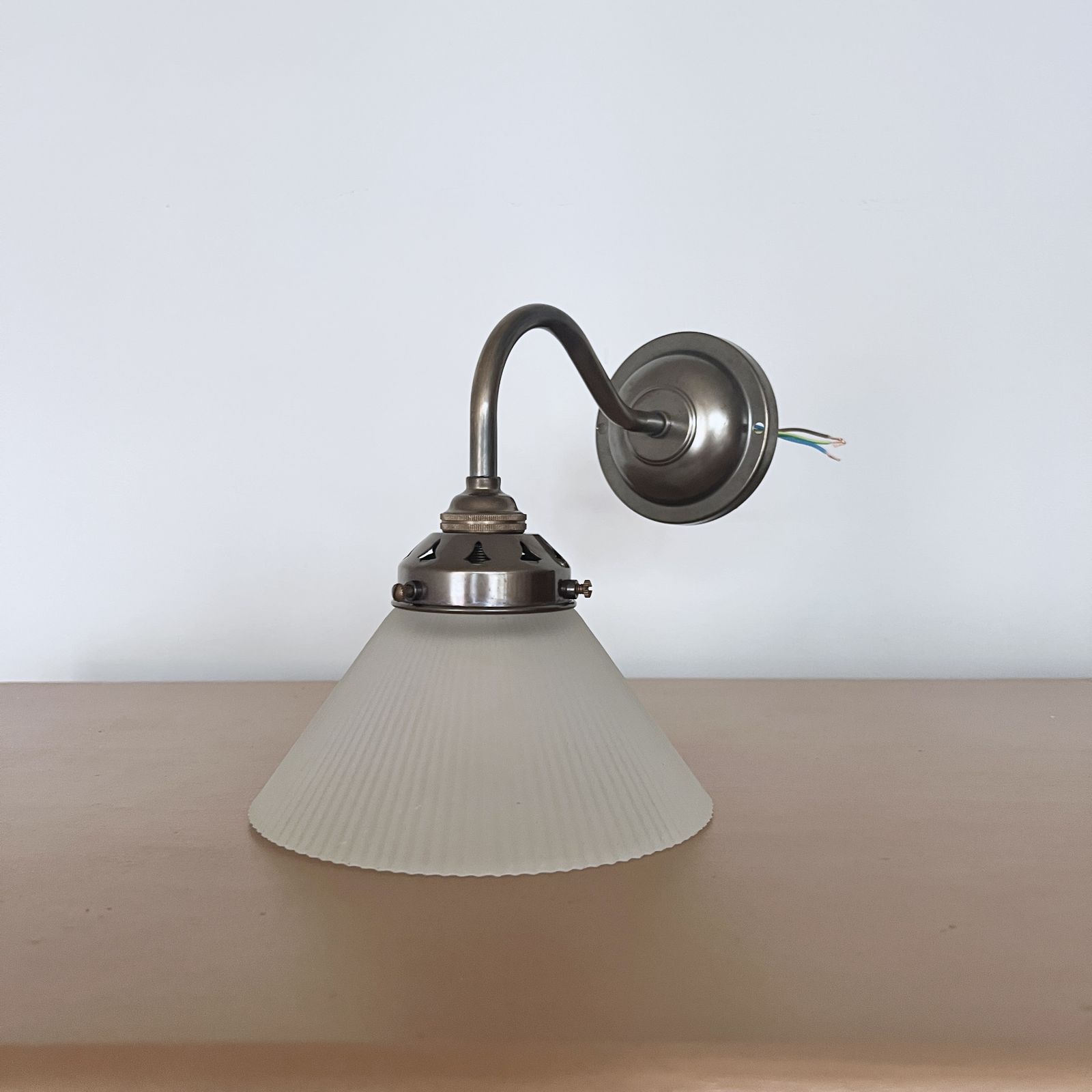 Newly Made Antique Brass Swan Neck Wall Lights With Contemporary Frosted Conical Shades photo for sale