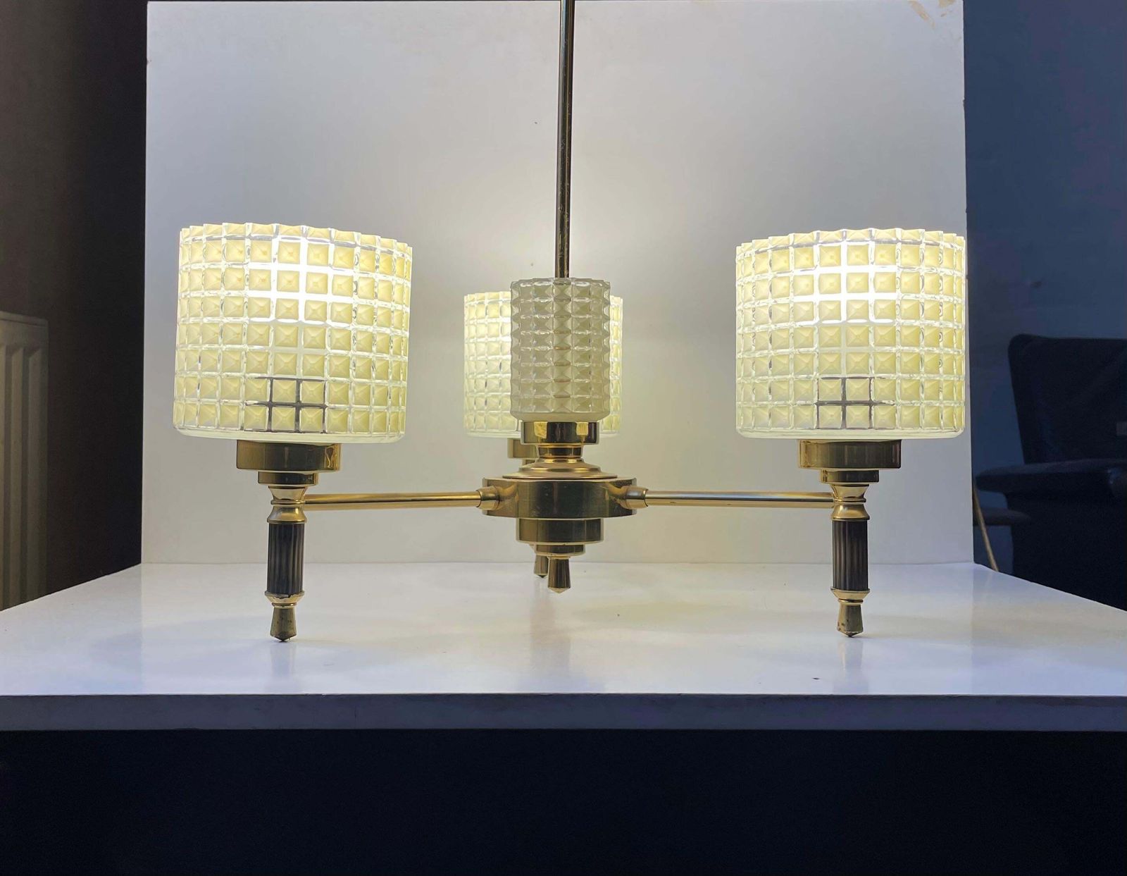 Scandinavian Modern Chandelier In Brass & Waffle Glass, 1960s photo furniture
