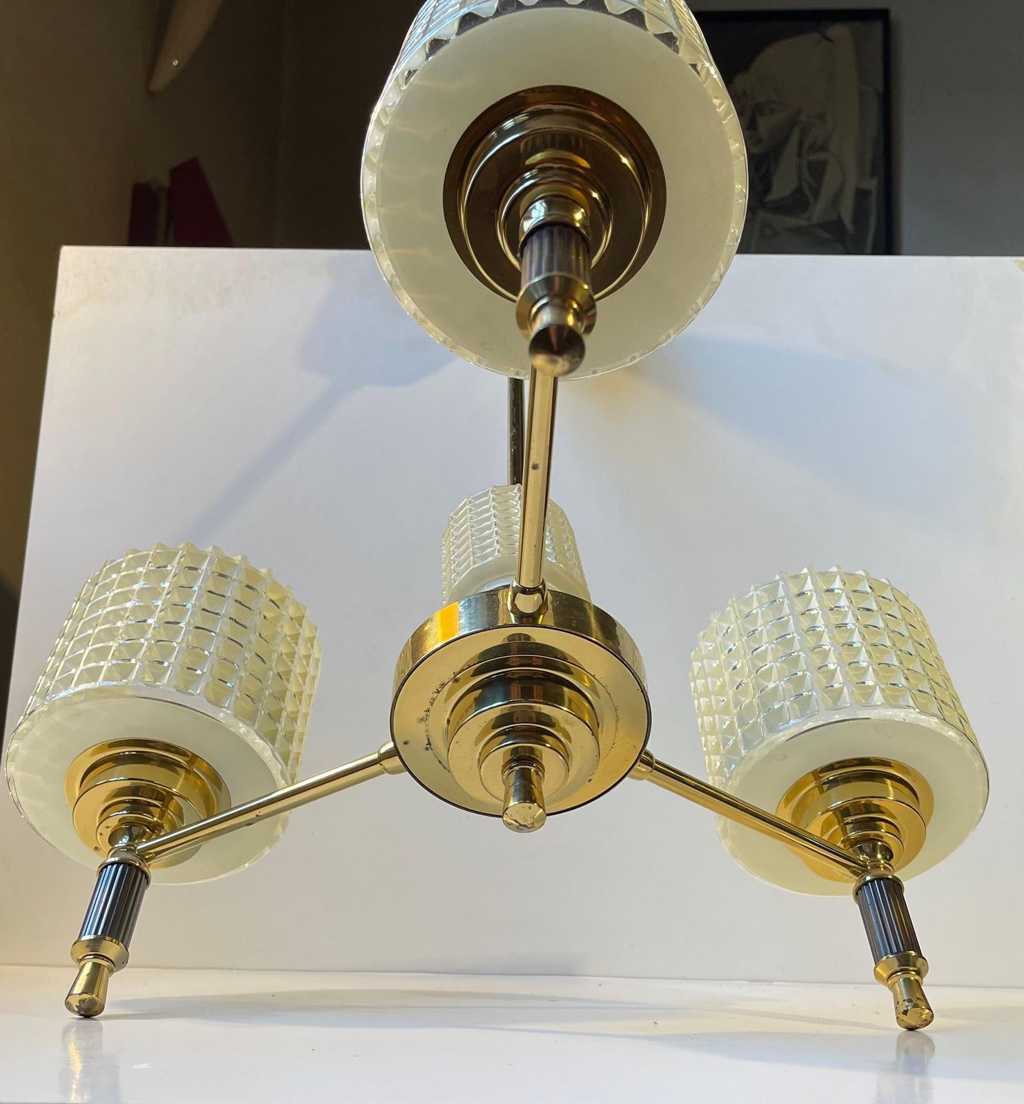 Scandinavian Modern Chandelier In Brass & Waffle Glass, 1960s photo buy