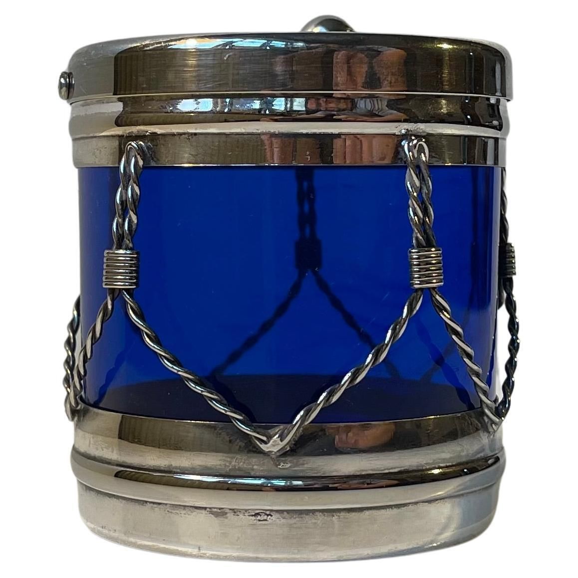 Vintage Money Bank Drum In Blue Glass & Silver Plate, 1970s