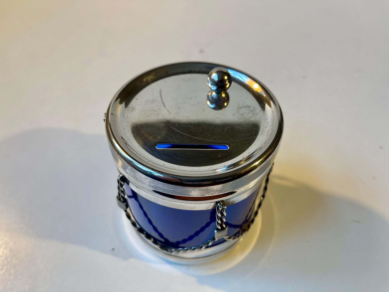 Vintage Money Bank Drum In Blue Glass & Silver Plate, 1970s photo for sale