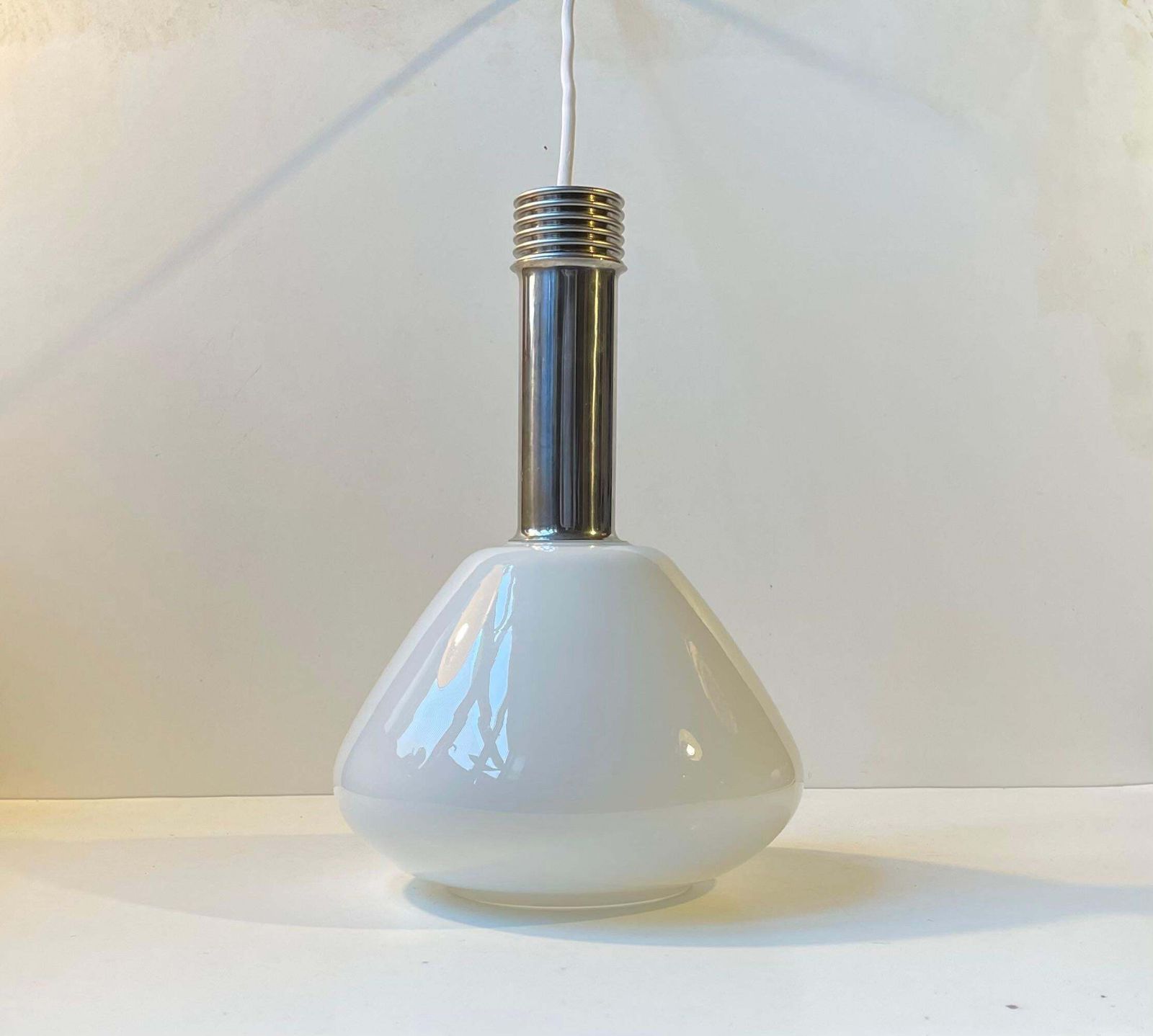 Italian Industrial Ceiling Lamp In White Opaline Glass & Chrome, 1970s photo furniture