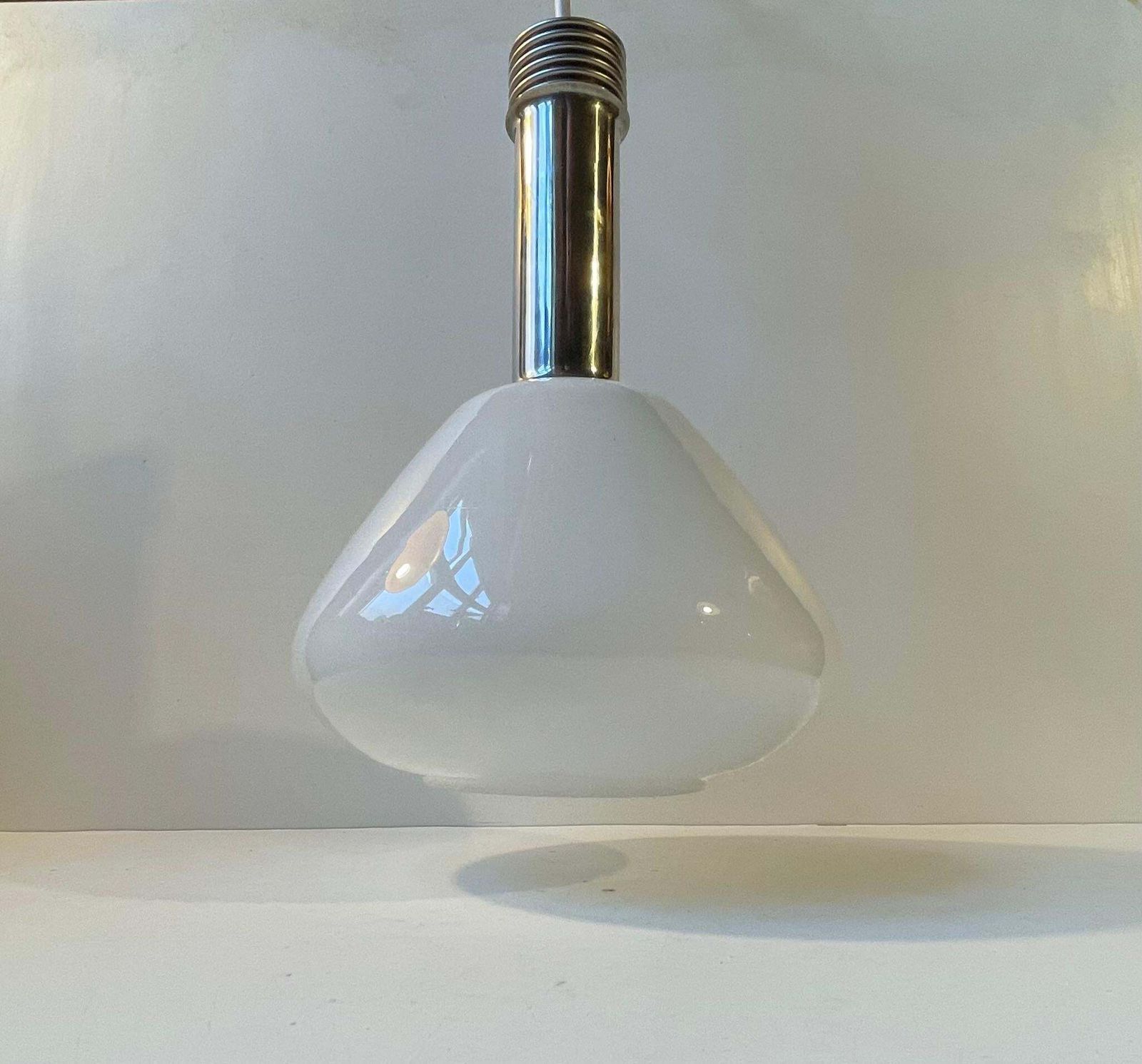 Italian Industrial Ceiling Lamp In White Opaline Glass & Chrome, 1970s photo for sale