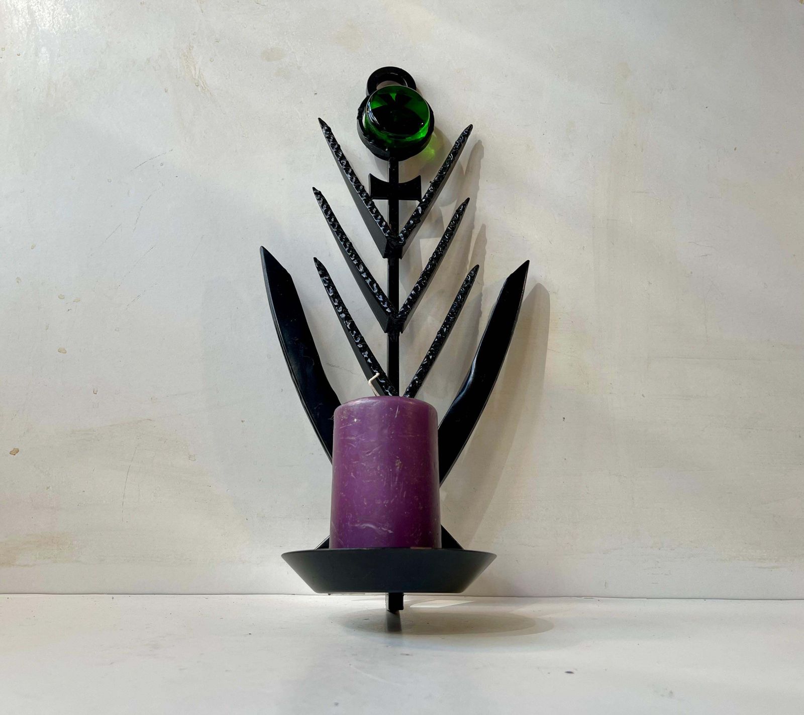 Sculptural Brutalist Iron & Green Glass Wall Candle Lamp By Dantoft, 1970s photo for sale