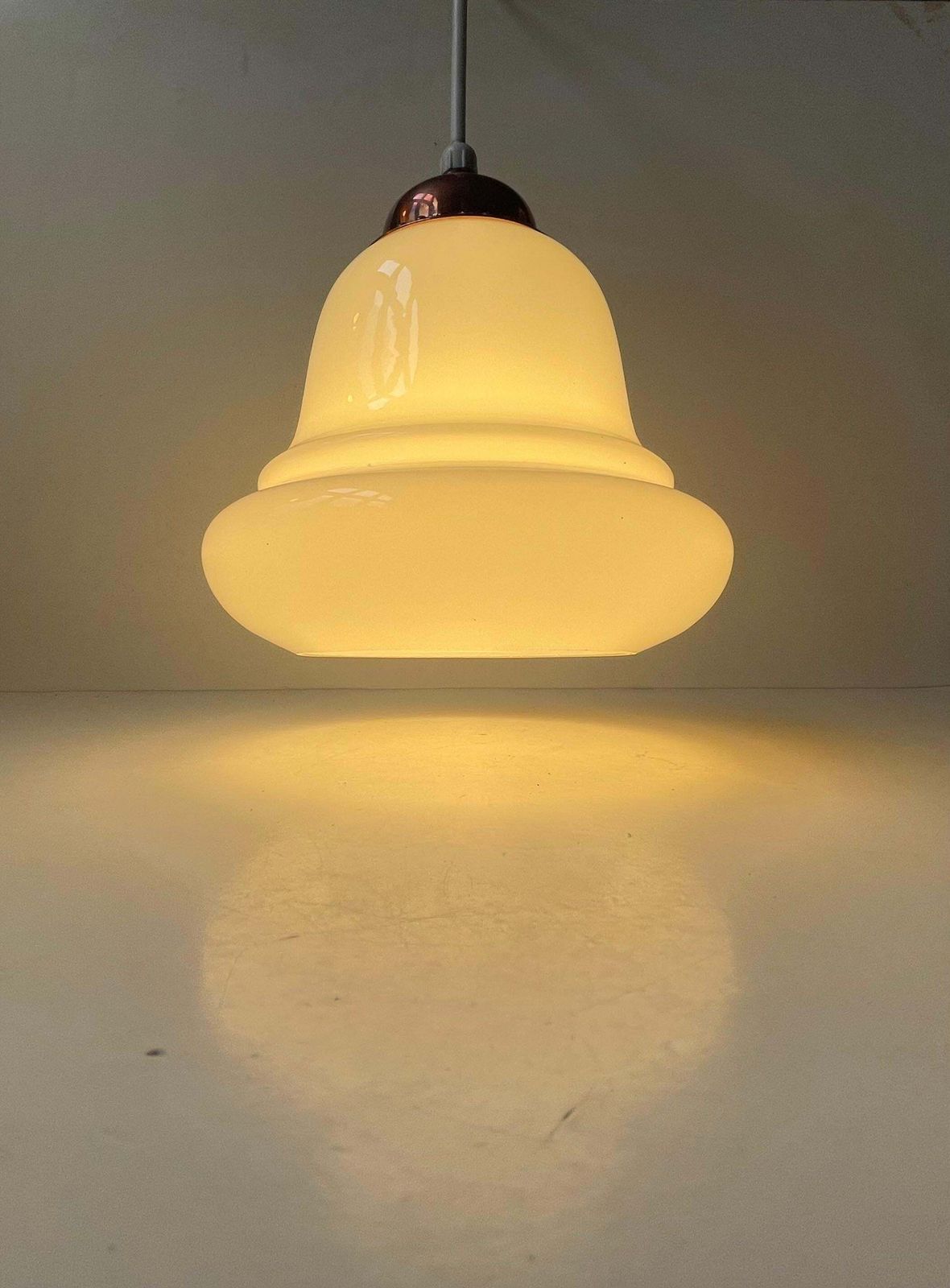 Danish Functionalist Bell Pendant Lamp In Opaline Glass & Copper By Holmegaard photo furniture