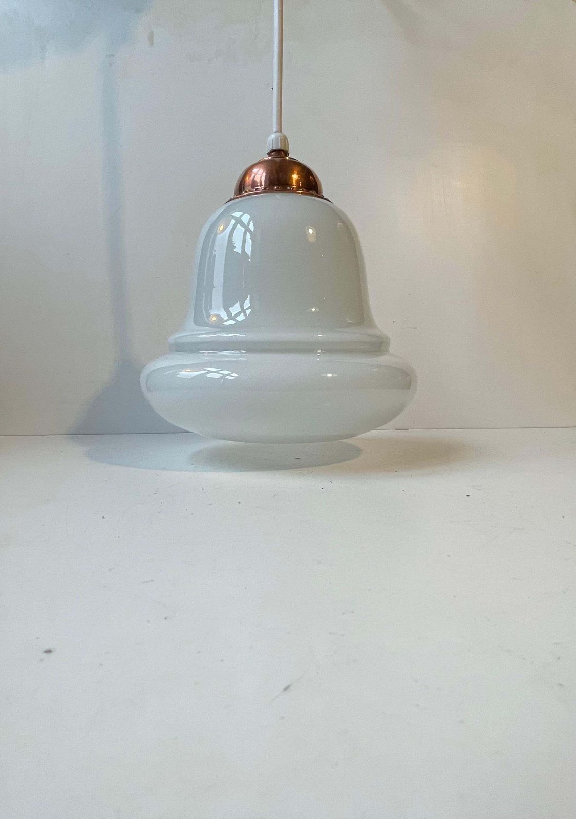 Danish Functionalist Bell Pendant Lamp In Opaline Glass & Copper By Holmegaard photo buy