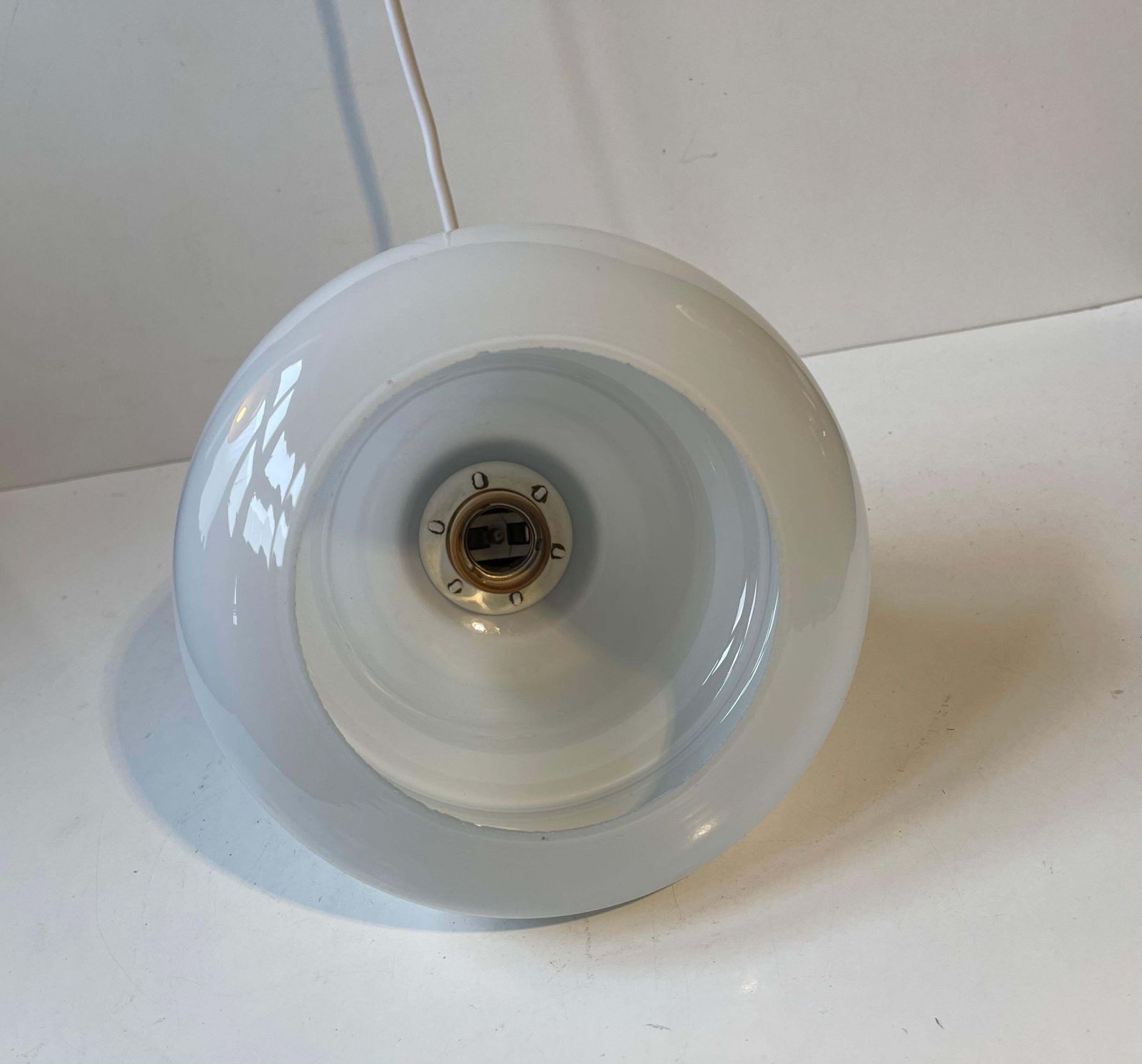 photo for sale Danish Functionalist Bell Pendant Lamp In Opaline Glass & Copper By Holmegaard