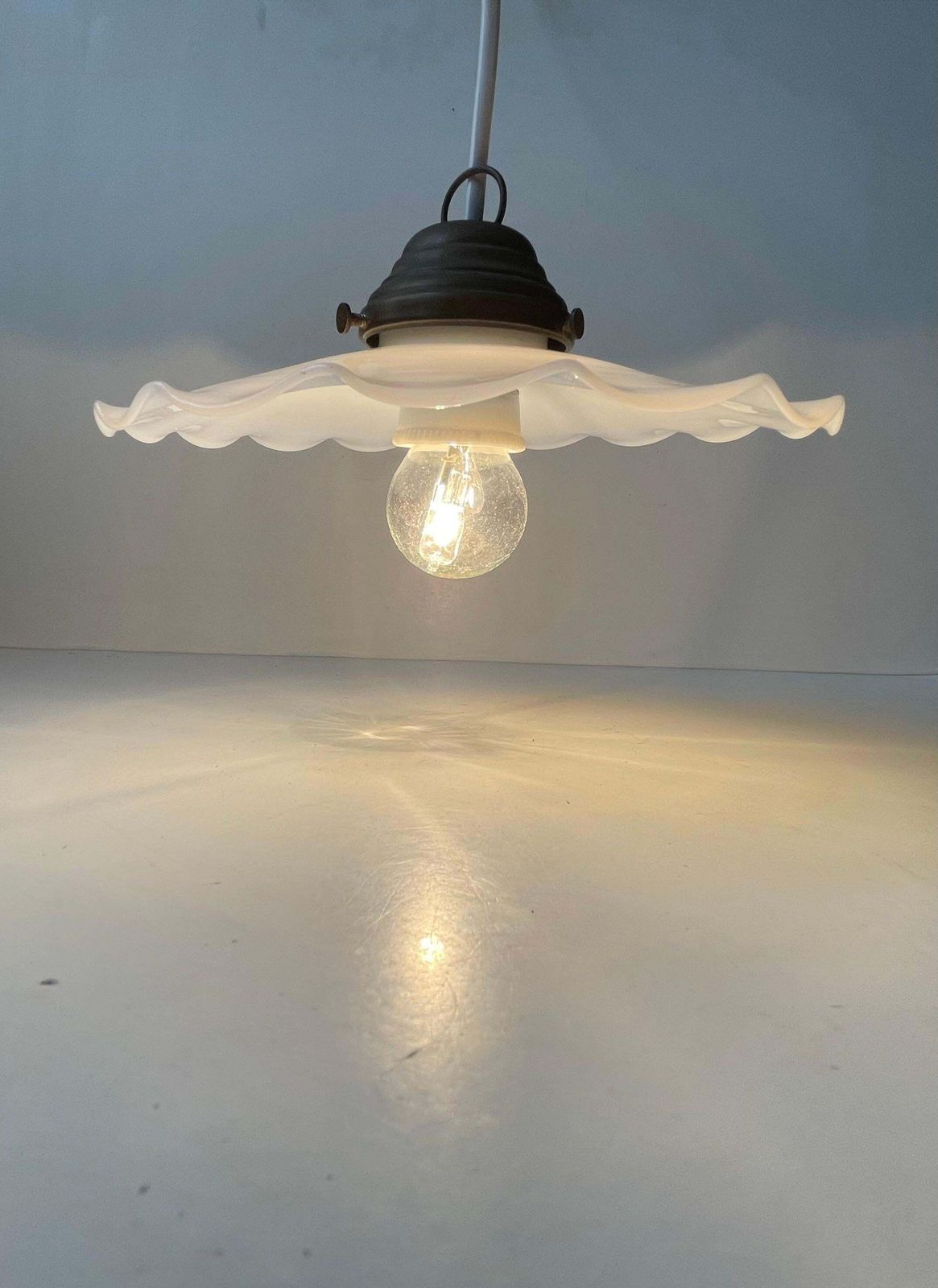Scandinavian Ballerina Pendant Lamp W. Pleaded White Opaline Glass Shade, 1920s photo Lighting