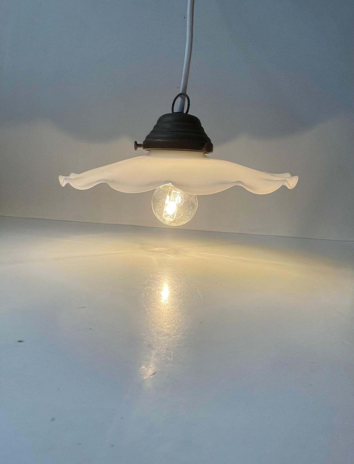photo for sale Scandinavian Ballerina Pendant Lamp W. Pleaded White Opaline Glass Shade, 1920s