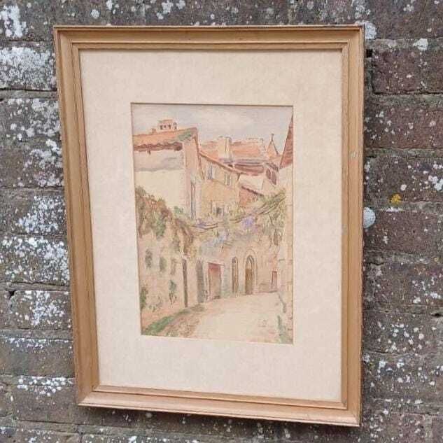 Vintage Mediterranean Watercolour – Sunlit Courtyard Street Scene In Rustic Frame, Tuscan/Provençal Street Painting (C.1950s–70s) photo furniture