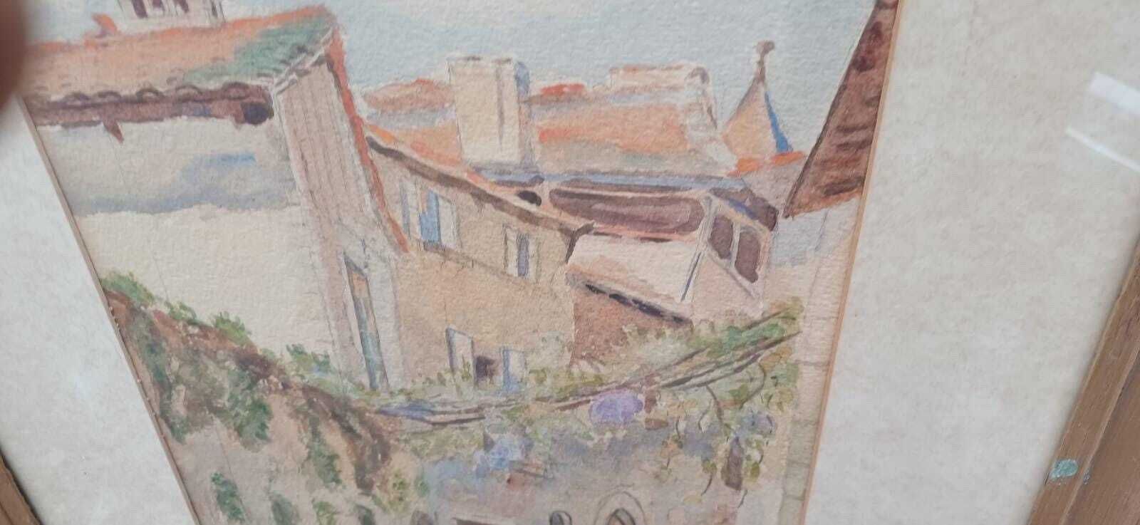 Vintage Mediterranean Watercolour – Sunlit Courtyard Street Scene In Rustic Frame, Tuscan/Provençal Street Painting (C.1950s–70s) photo Art