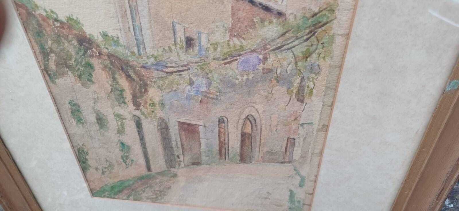 Vintage Mediterranean Watercolour – Sunlit Courtyard Street Scene In Rustic Frame, Tuscan/Provençal Street Painting (C.1950s–70s) photo 88.0