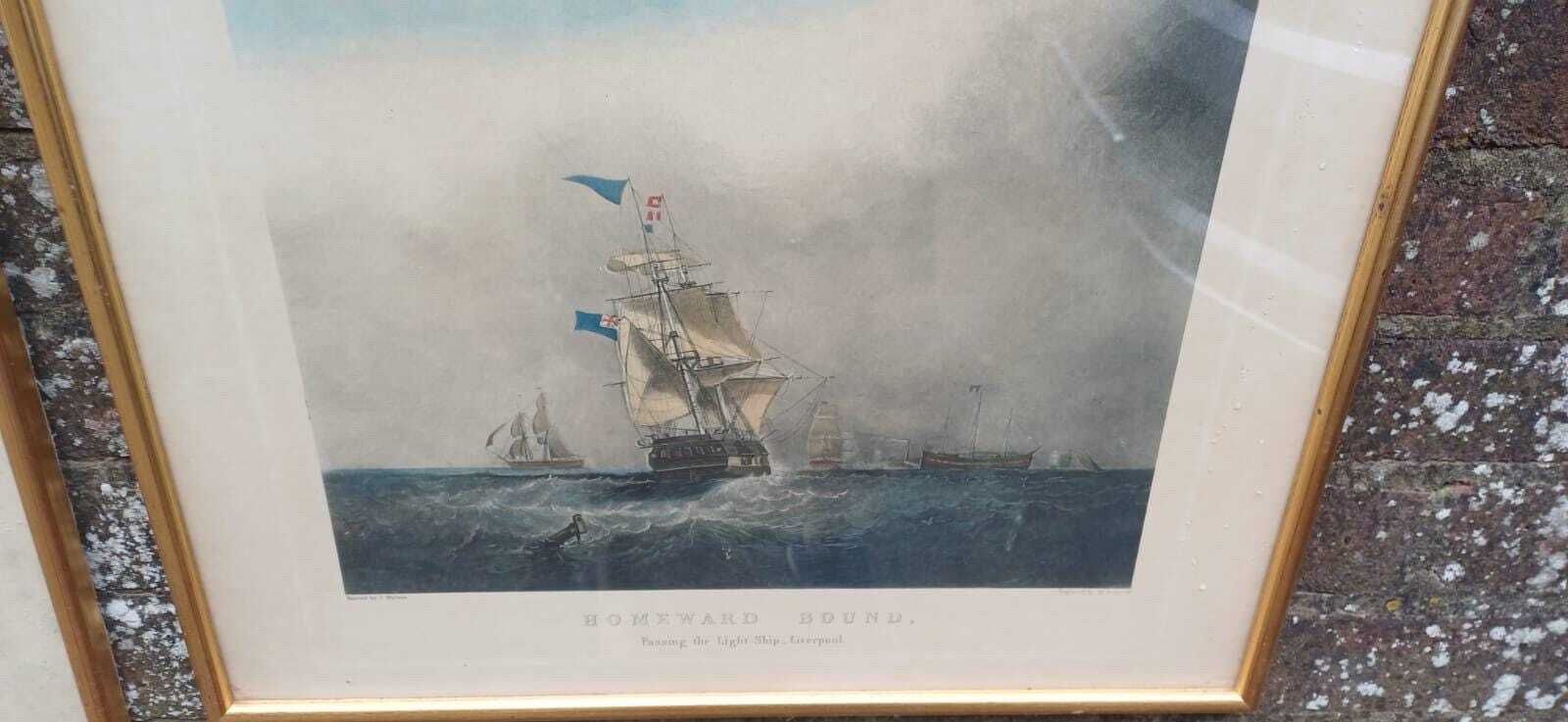 Antique Framed Maritime Art Prints By S. Walters – “Homeward Bound” & “Outward Bound”, Liverpool, Framed Nautical Scenes, Victorian Era photo for sale