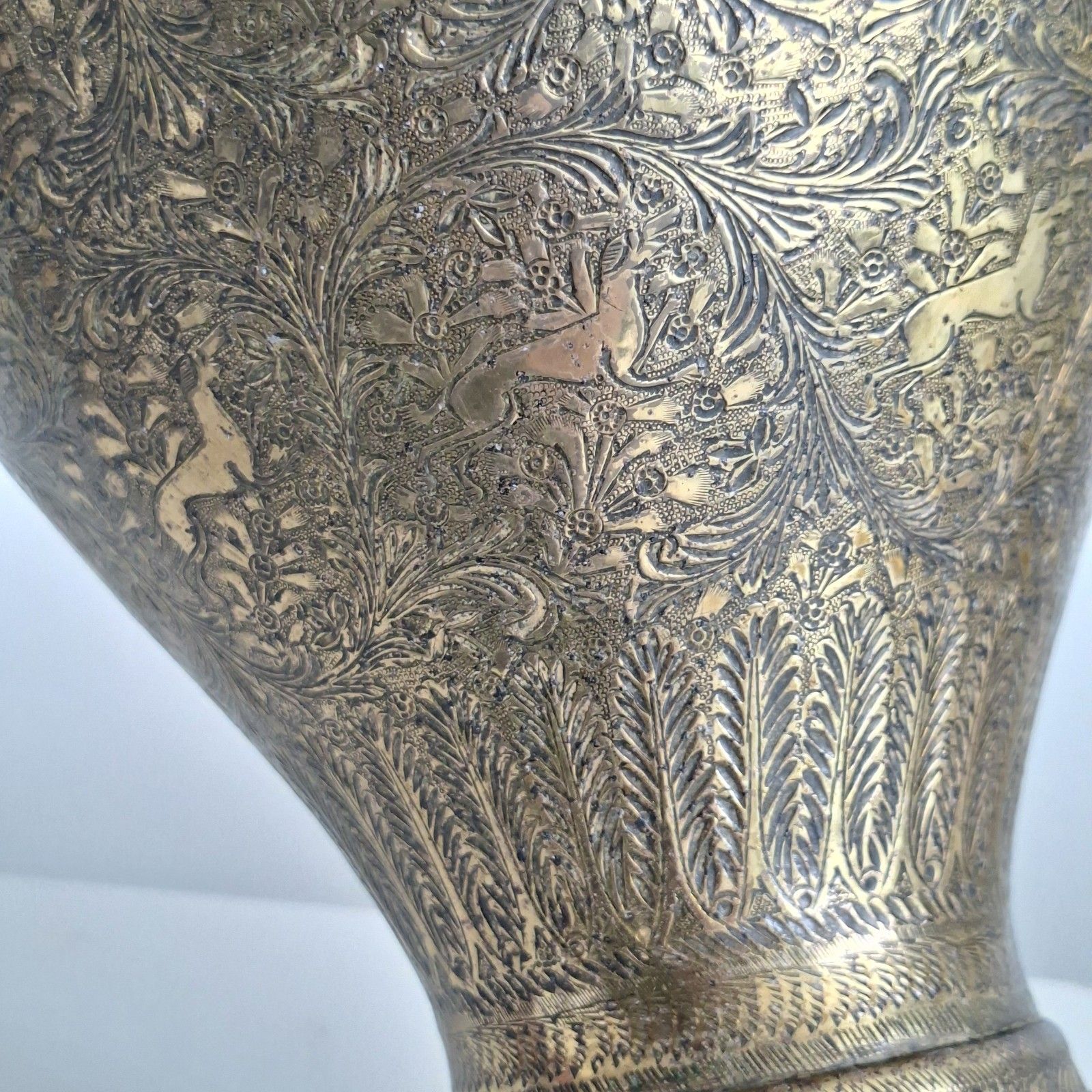 photo furniture Indian Engraved Brass Urn Covered Vase Buddhist Diety Finial Large Vintage