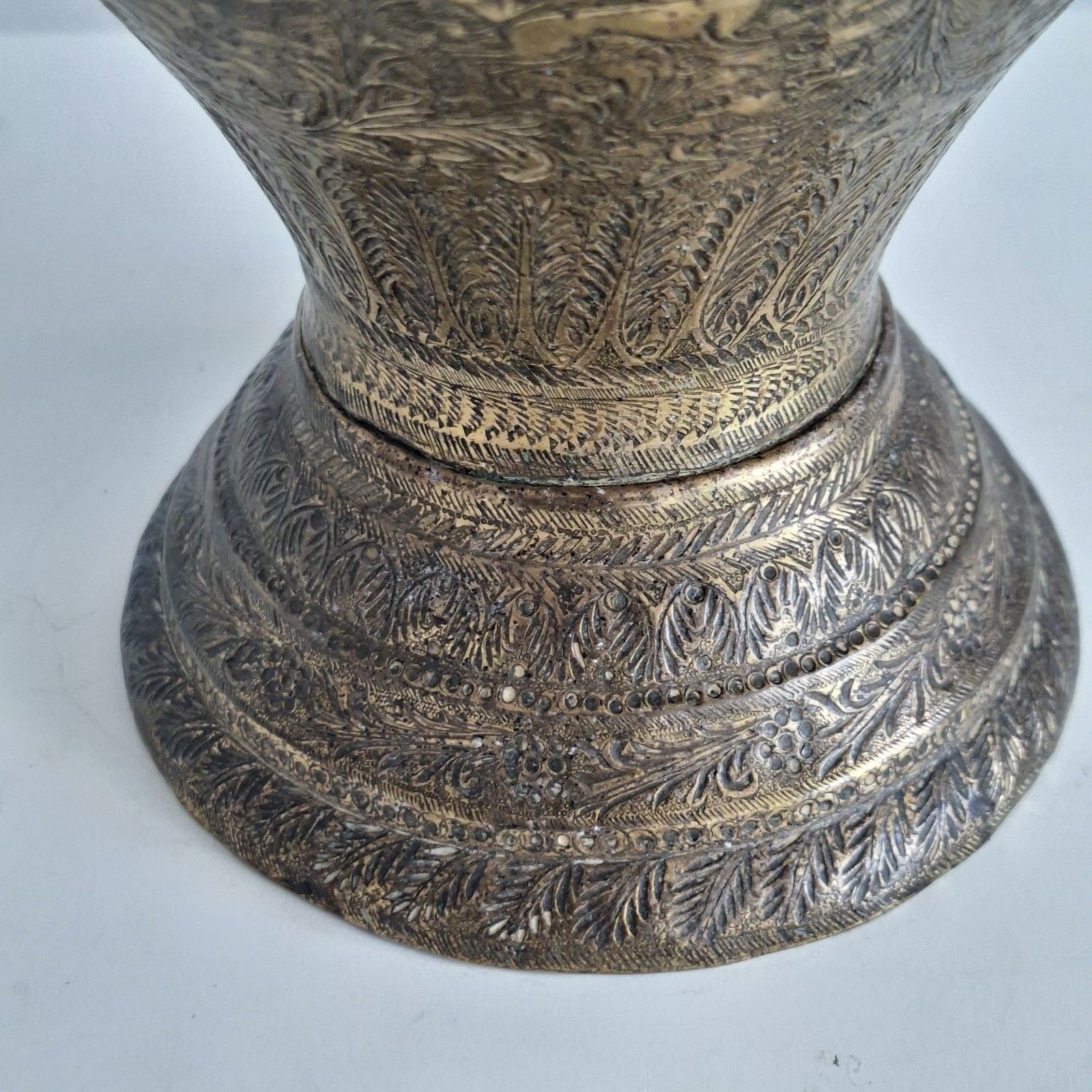 photo for sale Indian Engraved Brass Urn Covered Vase Buddhist Diety Finial Large Vintage