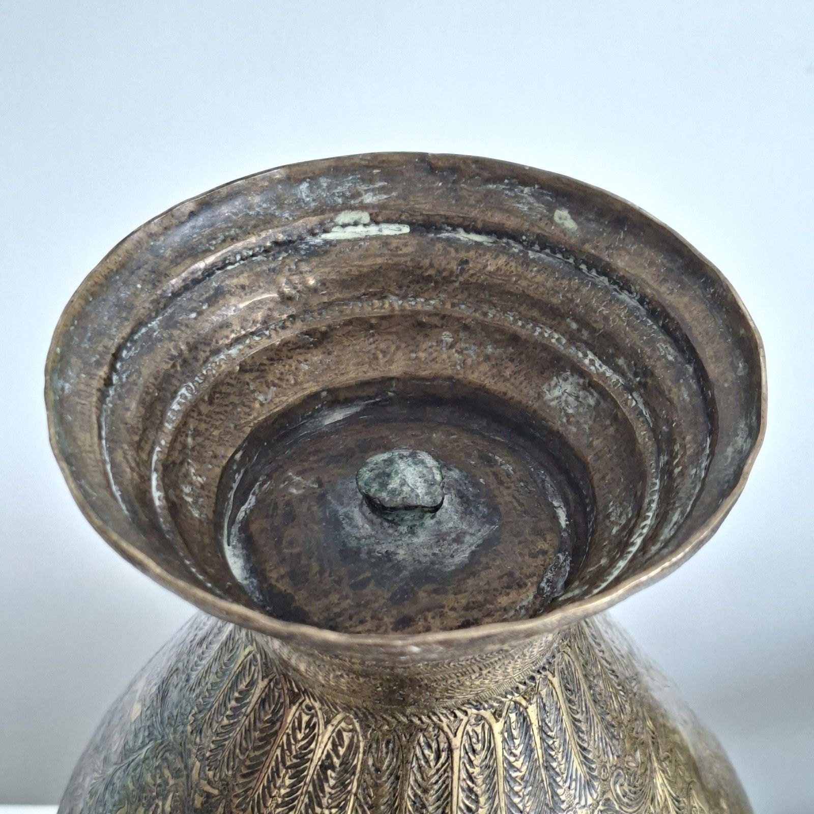 photo buy Indian Engraved Brass Urn Covered Vase Buddhist Diety Finial Large Vintage