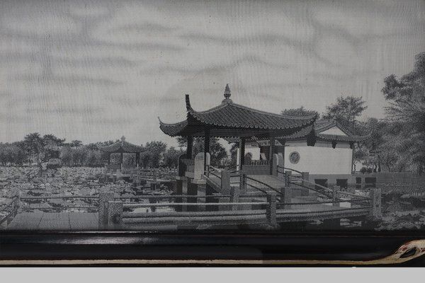 Framed Artwork On Silk Of A Chinese Waterside Tea House, France, 1910 photo for sale