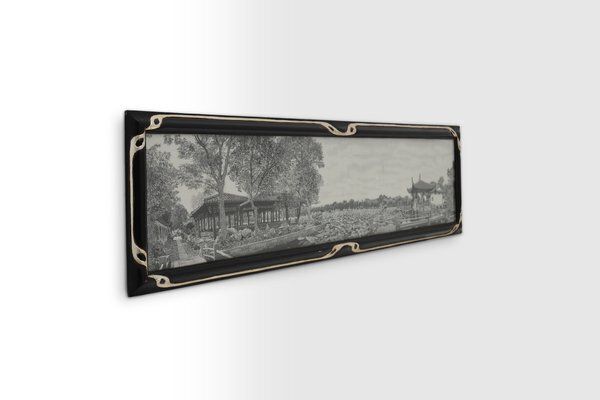 Framed Artwork On Silk Of A Chinese Waterside Tea House, France, 1910 photo vinterior