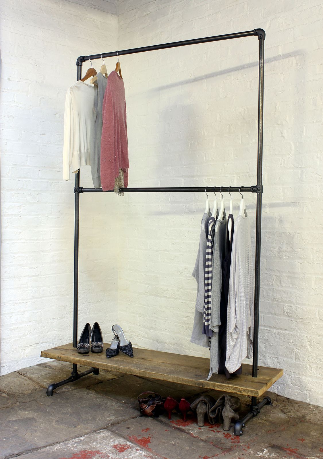 Laura Dark Steel Pipe Freestanding Double Clothes Rail/Rack With Bottom Shelf   Bespoke Urban Industrial Bedroom Furniture/Shop Fittings photo vinterior
