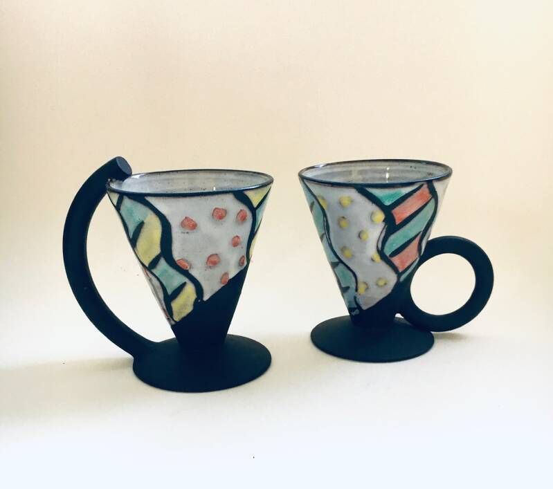 Art Ceramics Memphis Stijl Theekopjesset, Gesigneerd La, België, Ca. Jaren 1970