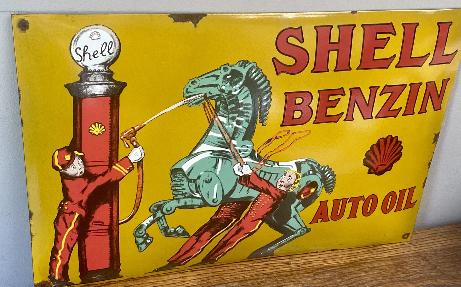 Vintage Shell Benzin Auto Oil Large Enamel Metal Garage Sign Gas Petrol Station Dealership Dealer Royal Dutch Shell Bp Esso Benzole Huiles Car Art photo 395.0