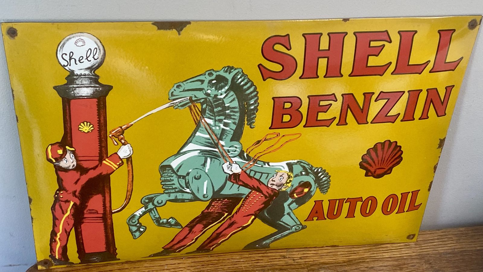 Vintage Shell Benzin Auto Oil Large Enamel Metal Garage Sign Gas Petrol Station Dealership Dealer Royal Dutch Shell Bp Esso Benzole Huiles Car Art photo buy
