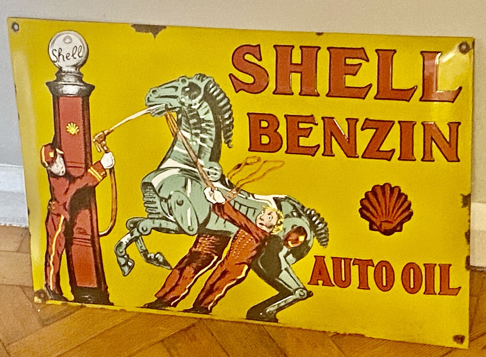Home Decor Vintage Shell Benzin Auto Oil Large Enamel Metal Garage Sign Gas Petrol Station Dealership Dealer Royal Dutch Shell Bp Esso Benzole Huiles Car Art photo