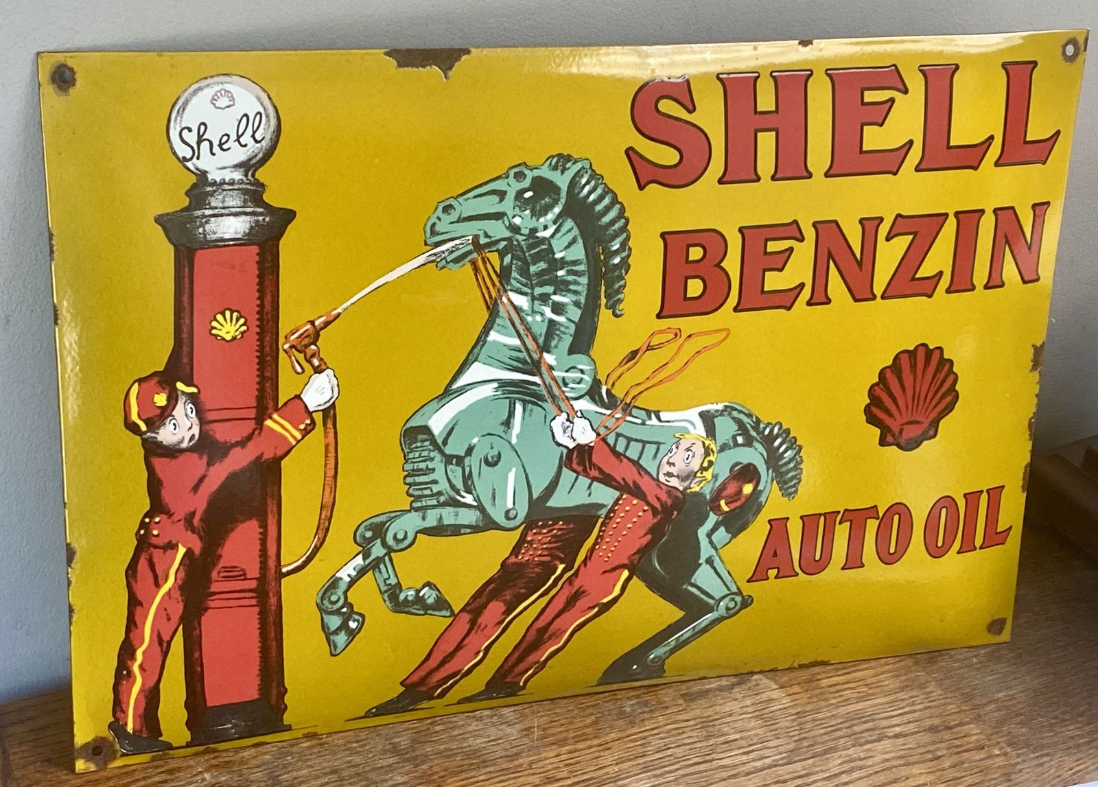 Vintage Shell Benzin Auto Oil Large Enamel Metal Garage Sign Gas Petrol Station Dealership Dealer Royal Dutch Shell Bp Esso Benzole Huiles Car Art photo for sale