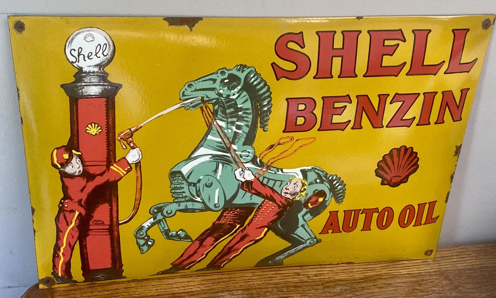 Vintage Shell Benzin Auto Oil Large Enamel Metal Garage Sign Gas Petrol Station Dealership Dealer Royal Dutch Shell Bp Esso Benzole Huiles Car Art photo vinterior