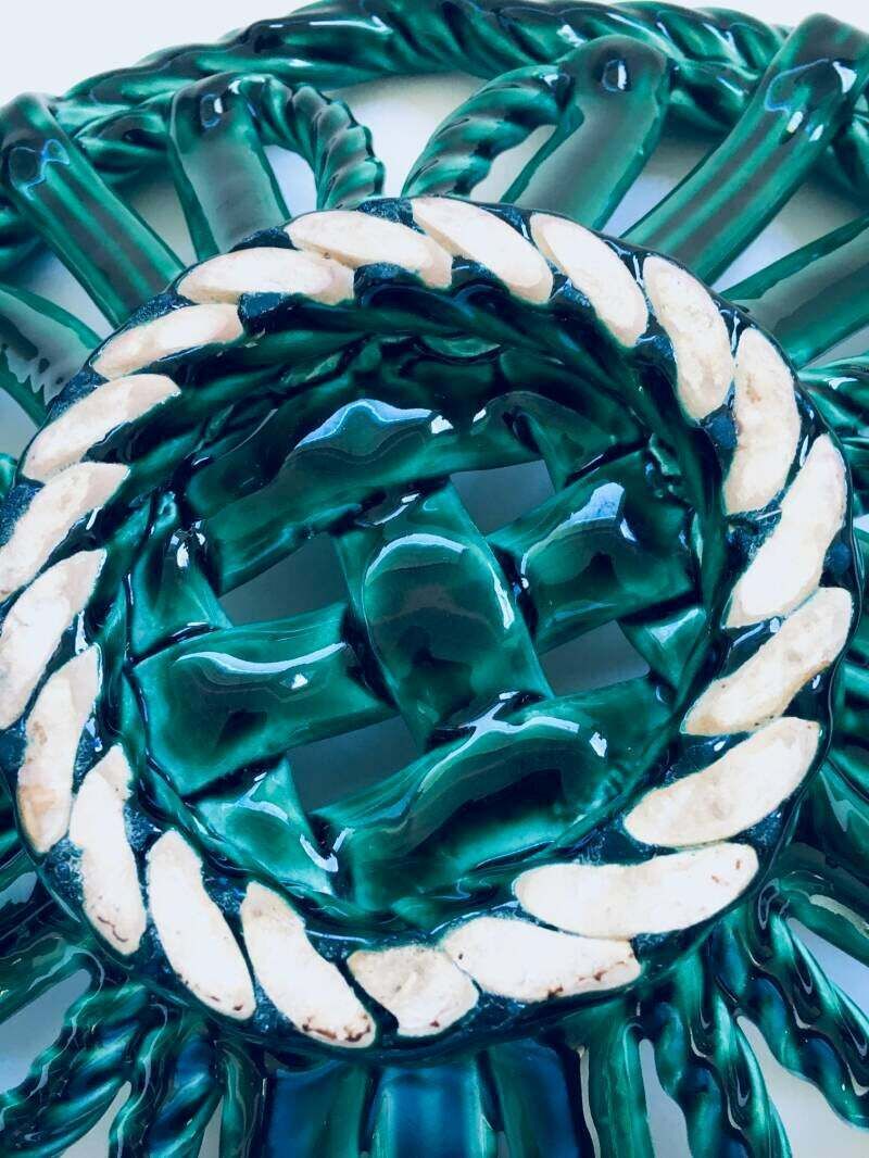 Midcentury Art Ceramics Green Braided Woven Bowl By Vallauris, France 1950's photo vintage