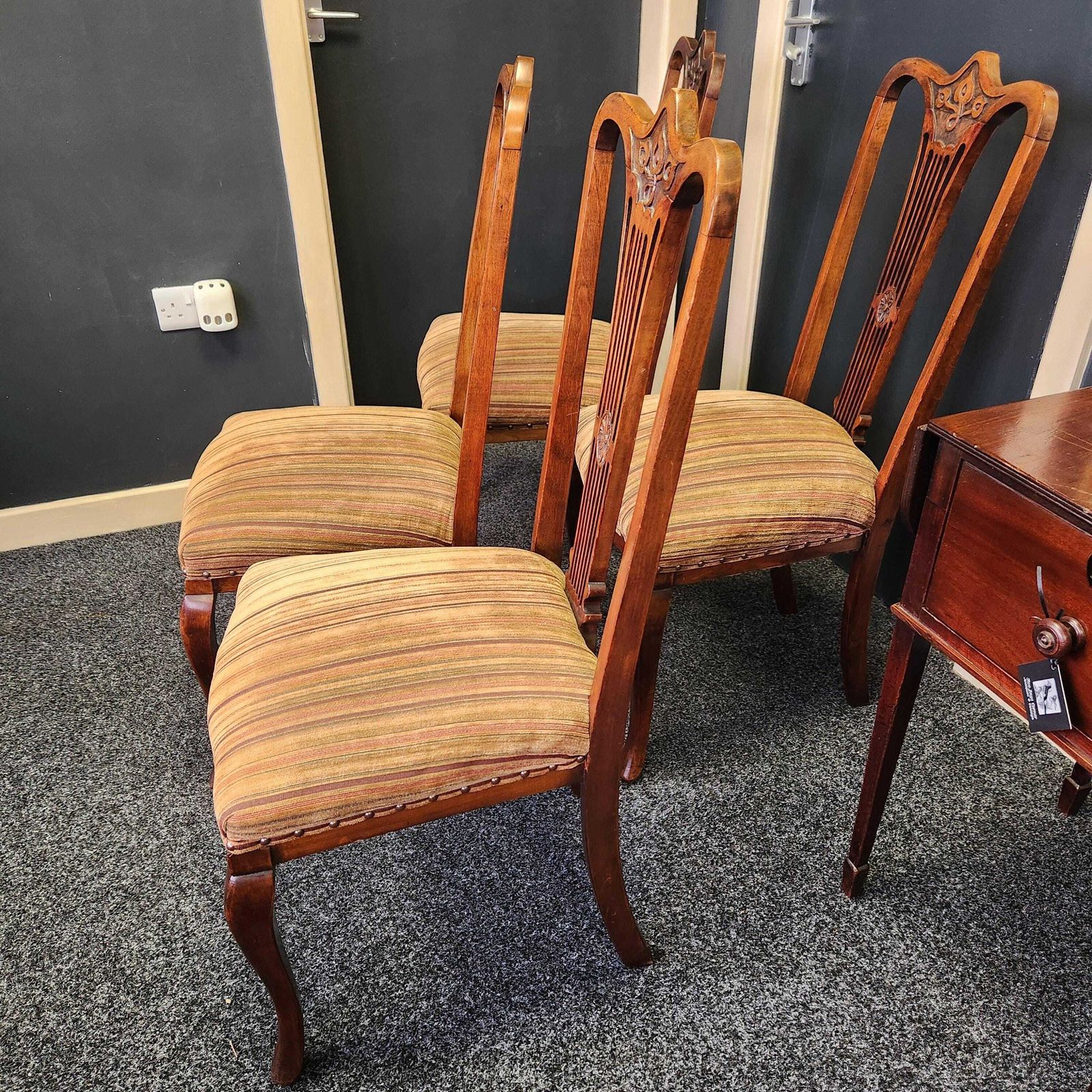 Set Of 4 Walnut Art Nouveau Dining Chairs. photo for sale