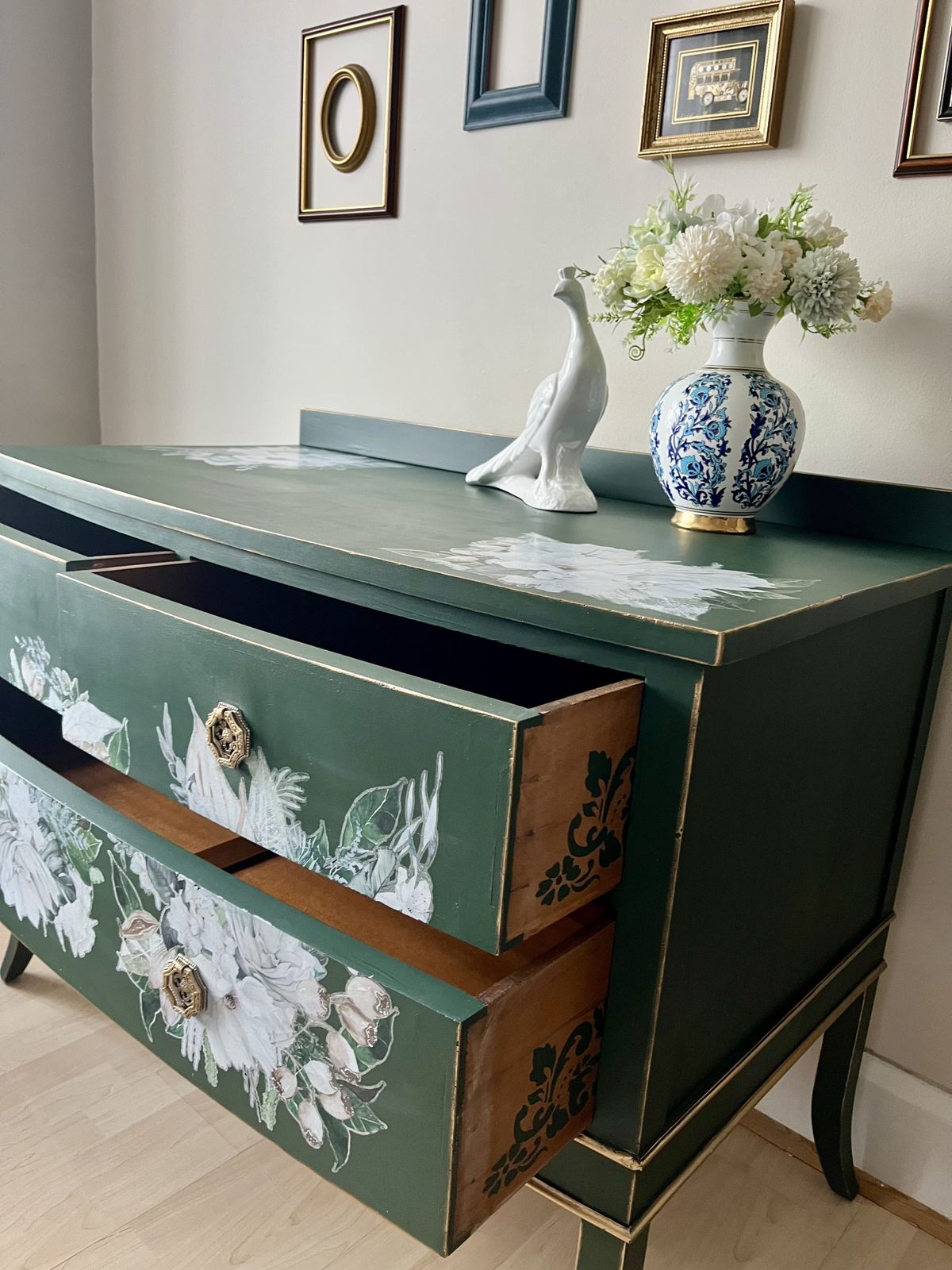 Stunning Green & Floral Chest Of Drawers, Hand Painted photo Furniture